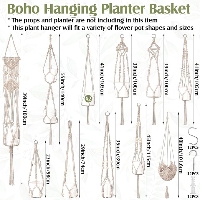 Hoteam 12 Pcs Macrame Plant Hangers Macrame Hanging Planters for Indoor Plants Handmade Boho Hanging Baskets Flower Pots Holder for Outdoor Home Wall Decor
