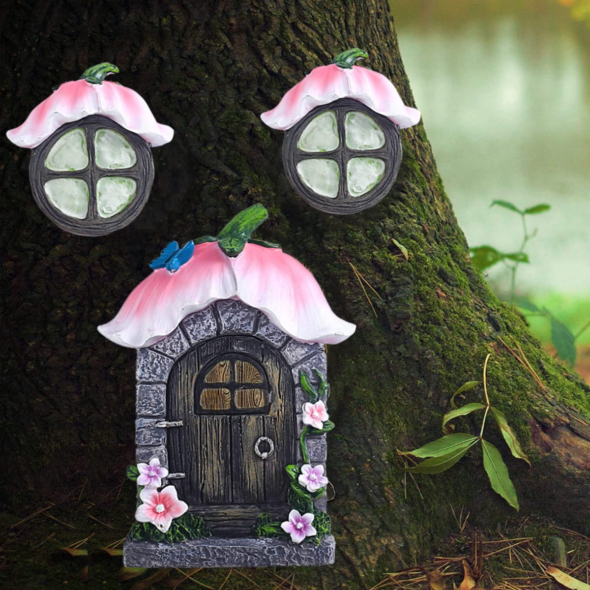 Fairy Gnome Home for Tree Decor，Glow in Dark Fairy House Have Window and Door for Garden Decoration，Fairies Sleeping Door and Windows, Yard Art Garden Sculpture, Lawn Ornament