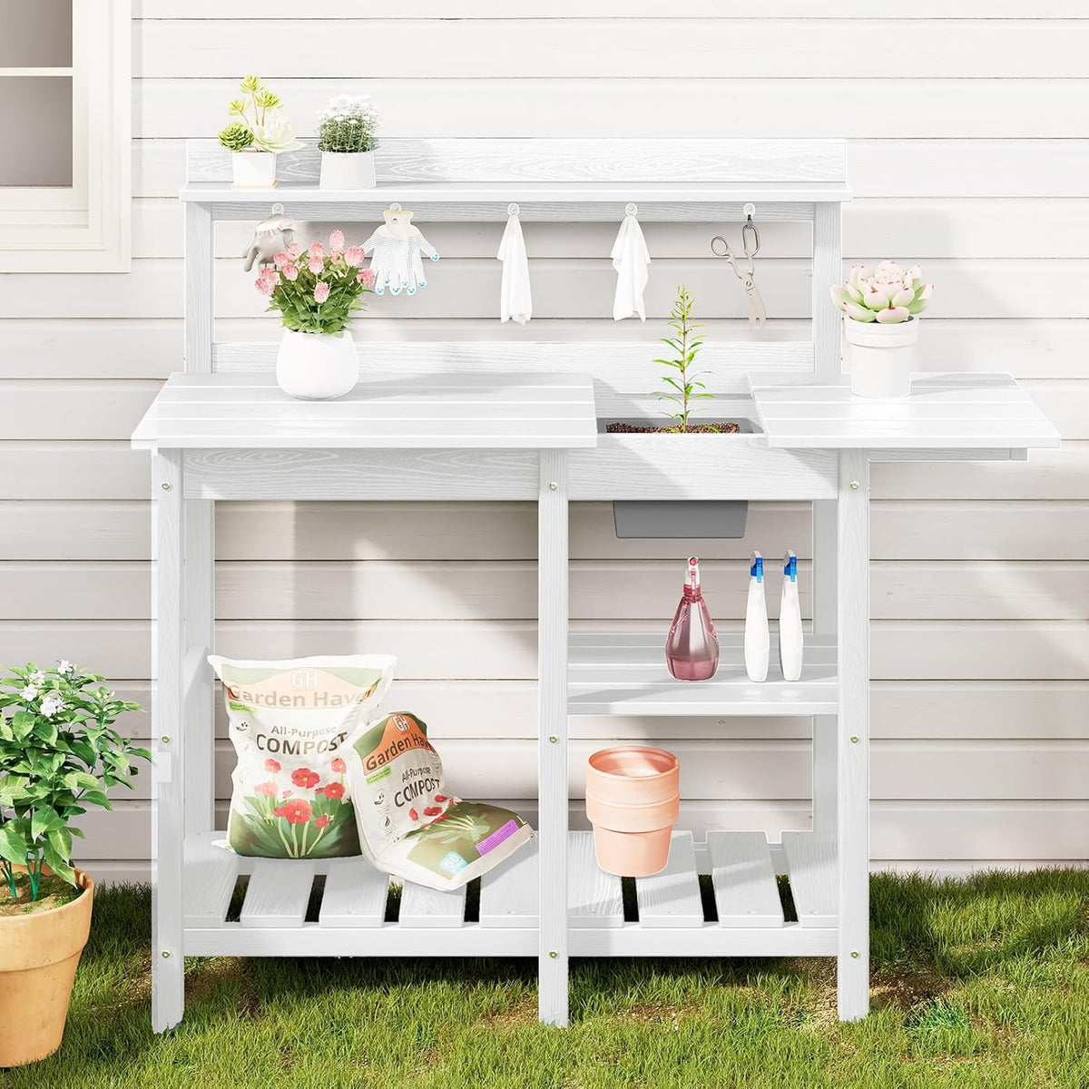 SERWALL Potting Table for Outside All Weather Use- White
