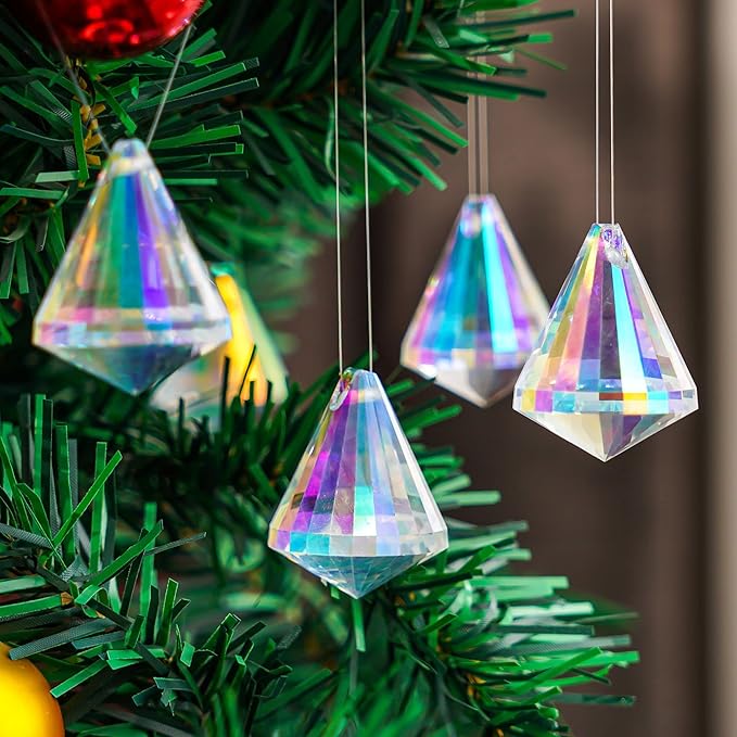 HDCRYSTALGIFTS 12pcs 38mm Crystal Faceted Prisms Suncatchers for Window Hanging AB Colored Crystals Diamond Prisms Sun Catchers Home Garden Christmas Ornament