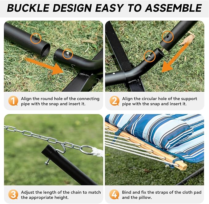 2 Person Outdoor Hammock with Stand, Cotton Rope Hammock with Polyester Pad, Adjustable Steel Frame, Portable with Carrying Bag – for Patio, Backyard, Garden, Beach, Blue