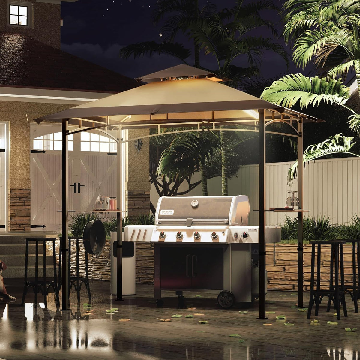 MASTERCANOPY 8 x 5 Grill Gazebo Outdoor BBQ Gazebo Canopy with 2 LED Lights (Brown Stitching Khaki)