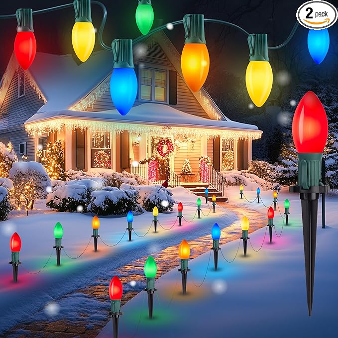 Brightown Frosted C9 LED Christmas Lights Outdoor, 2 Packs Total 64Ft Christmas Pathway Lights with 50 LED Bulbs and Stakes, Christmas Decorations Outside Driveway Walkway Sidewalk, Multicolor