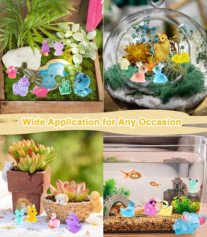 120 Pack Various Luminous Mini Resin Animals, Mini Ducks Dinosaurs Tiny Frogs Pandas Small Mushroom Miniature Figurines Glow in The Dark for DIY Garden Micro Landscape Aquarium Potted Decor