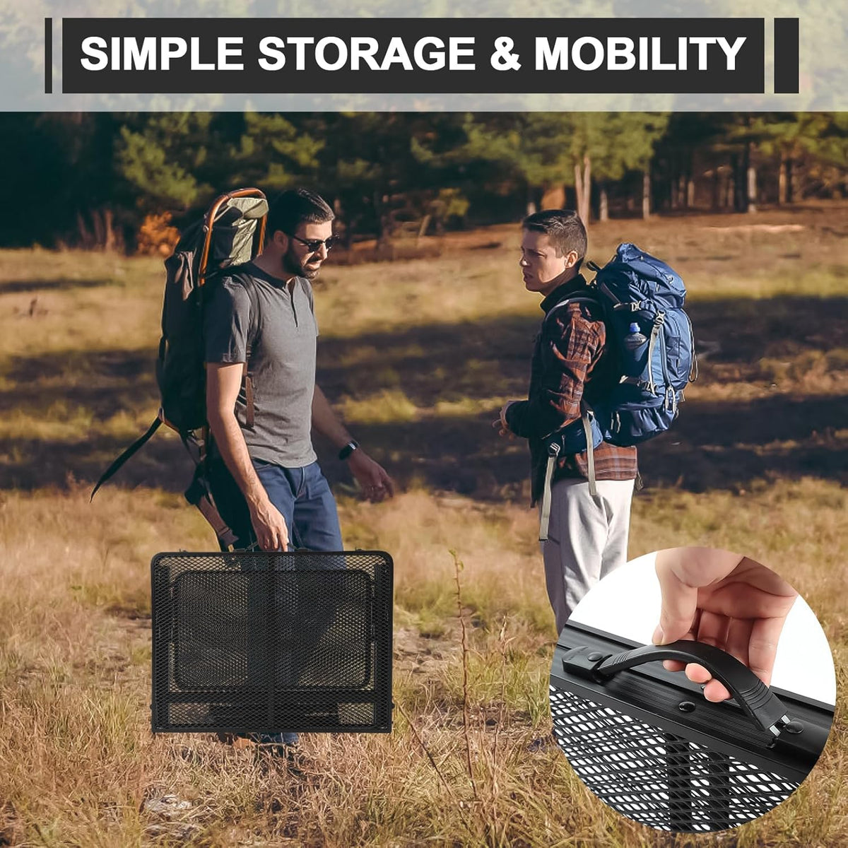 Folding Grill 4.4 FT Portable Camping Table with 2 Wing Panels, Height Adjustable Metal Outdoor Table with Mesh Desktop and Mesh Bag, Picnic, Beach and BBQ, Party, Black