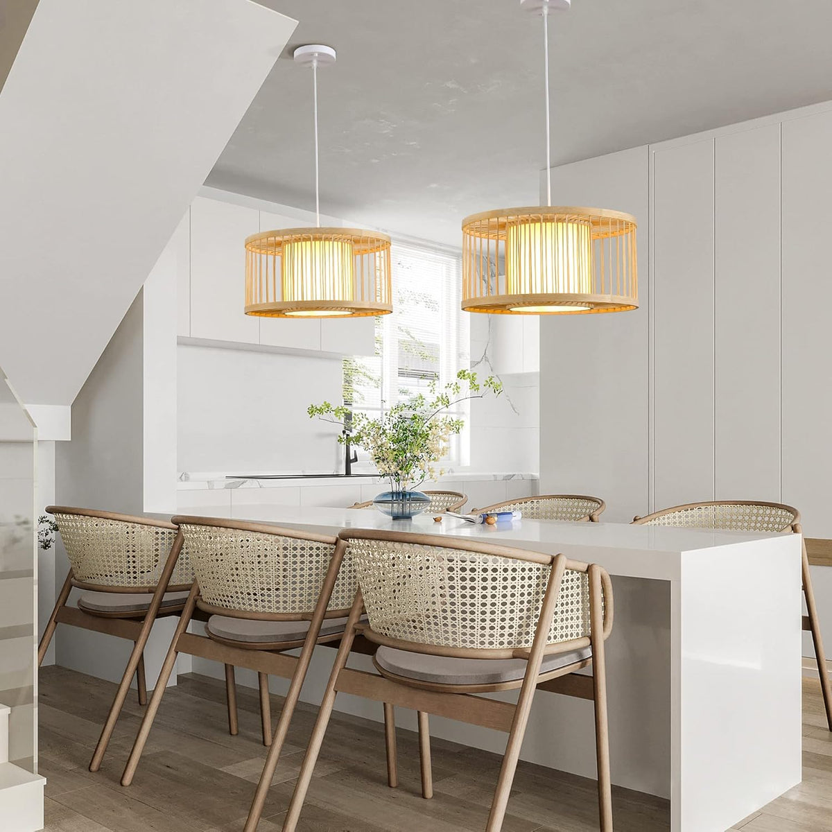 Rattan Pendant Lights, 15.8" Boho Wicker Pendant Light Handwoven Rattan Chandelier Beach Country Natural Hanging Light for Dining Room Kitchen Living Room Bedroom