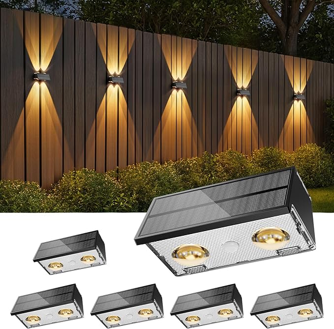 Bridika Solar Fence Lights Outdoor, 6 Pack Up and Down Wall Light, 8 Colors Lens LED Dusk to Dawn Solar Lights Outdoor Waterproof for Patio, Deck, Backyard, Garden