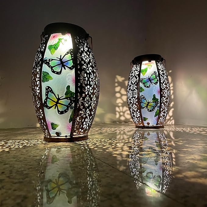 Butterfly Solar Lanterns Glass & Metal Hanging Lantern Outdoor Waterproof 16" H Tabletop Light with Hollowed-Out Design for Garden Patio Table Decor Mother's Day Gift