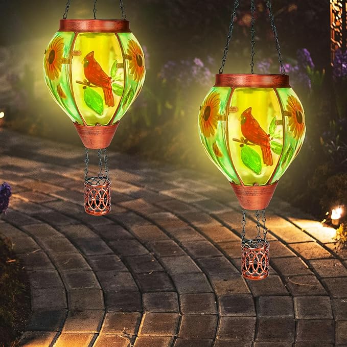2 Pack Solar Hot Air Balloon Lantern With Flame, Cardinal Glass Solar Hanging Lights for Outdoor Yard Patio Farmhouse Decoration, Gifts for Women Grandma Mom