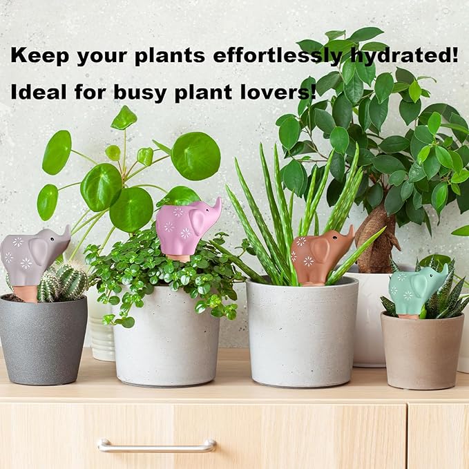 4-Pack Self-Watering Terracotta Spikes for Plants, Automatic Plant Watering Stakes, Keeps Plants Hydrated While You're Away, Ideal for Indoor & Outdoor Use (Elephant Design)