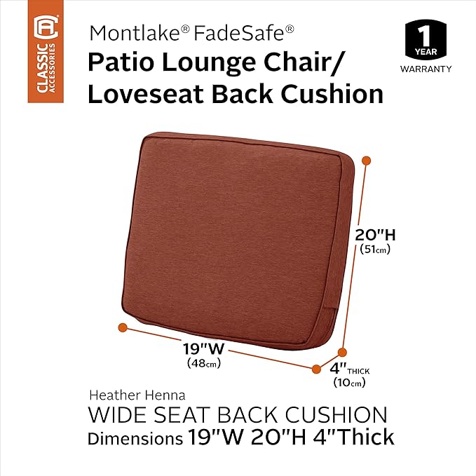 Classic Accessories Montlake Water-Resistant 19 x 20 x 4 Inch Patio Lounge Back Cushion, Heather Henna Red, Outdoor Loveseat Cushions