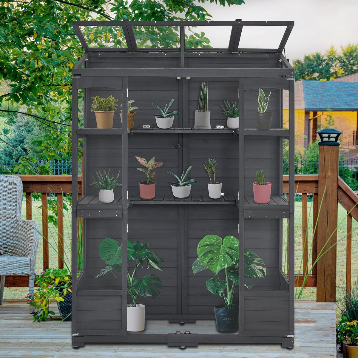 MCombo Wooden Greenhouse, Walk-in Outdoor Greenhouse with Openable Roof and Lockable Door, 0899 (Dark Grey)