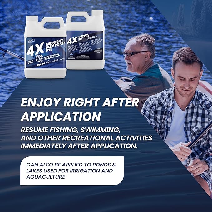 32oz Midnight Blue Pond Dye, 4X Concentrate Pond Dye Blue, Dark Natural Looking Aquashade for Beautiful Lake Water, Long-Lasting Colorant, Protects Against Sunlight - Ideal for Fish & Wildlife