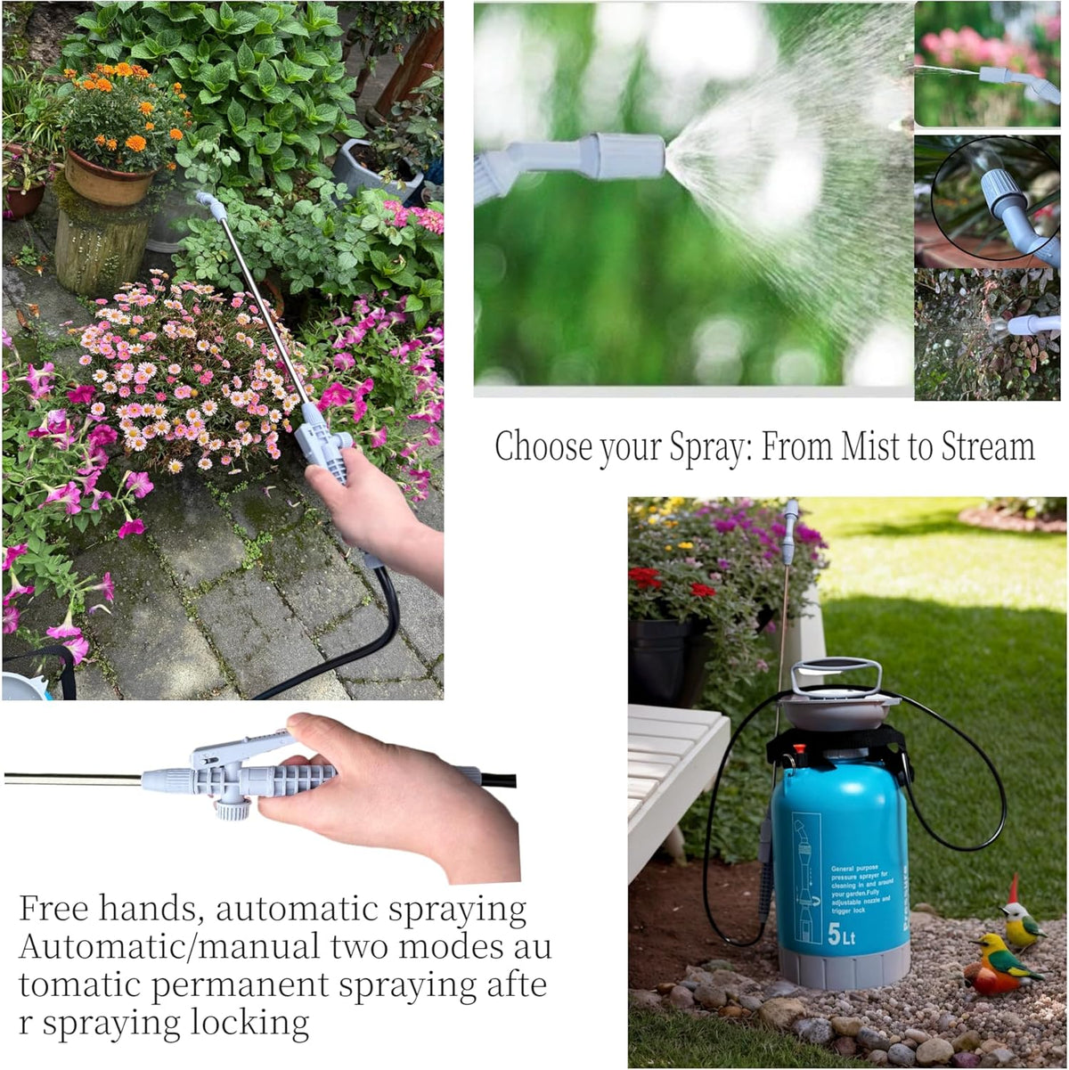 Upgraded Reinforced 1.3 Gallon Pump Pressure Sprayer-Watering for Plants, Weeds Control, Lawn Care with Adjustable Nozzles &Comfort Strap