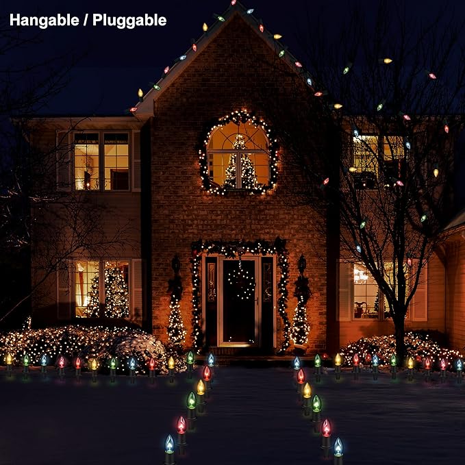 Christmas Pathway Lights Outdoor - 24.2ft Multicolor Walkway With Stakes, C9 Driveway for Outside Yard Garden, Extendable Xmas Holiday Decorations, 20 Lights