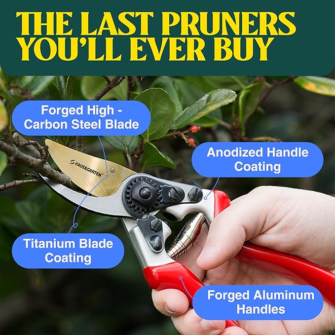 Haus & Garten EnduroPRO Ergonomic Bypass Pruners - Professional Titanium Garden Shears - Heavy Duty Hand Pruning Scissor, Tree Trimmer, Gardening Tool, Branch, Hedge, Rose, Shrub & Bush Clippers