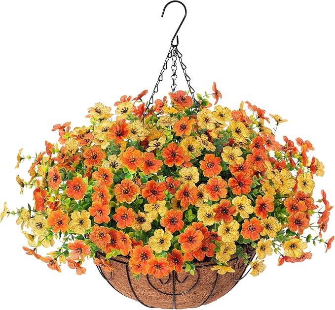 Artificial Fake Hanging Mums Plants Flowers Basket for Fall Autumn Outdoor Decor, Faux Silk Orange Dasiy Flower Look Real UV Resistant for Outside Porch Home Patio Garden Decoration
