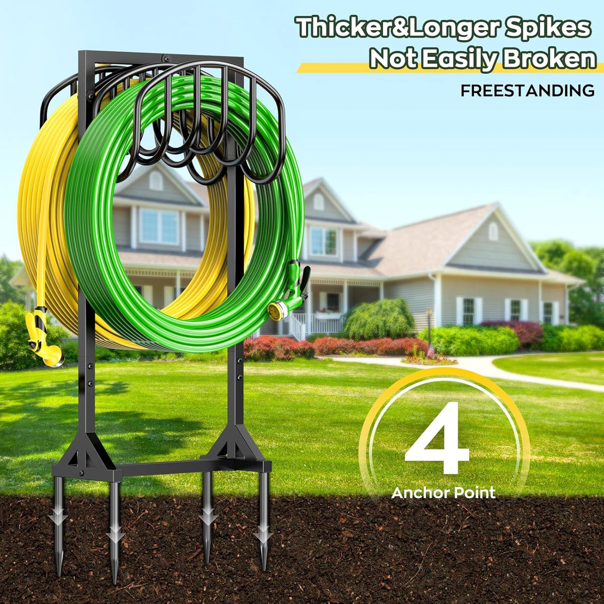 Garden Water Hose Holder Holds 2 * 150Ft Hoses, Heavy-Duty Metal Freestanding Hose Holder with 4 Spikes, Rustproof Garden Hose Reels Hose Hanger Storage for Outside, Yard, Lawn, Farm, Black