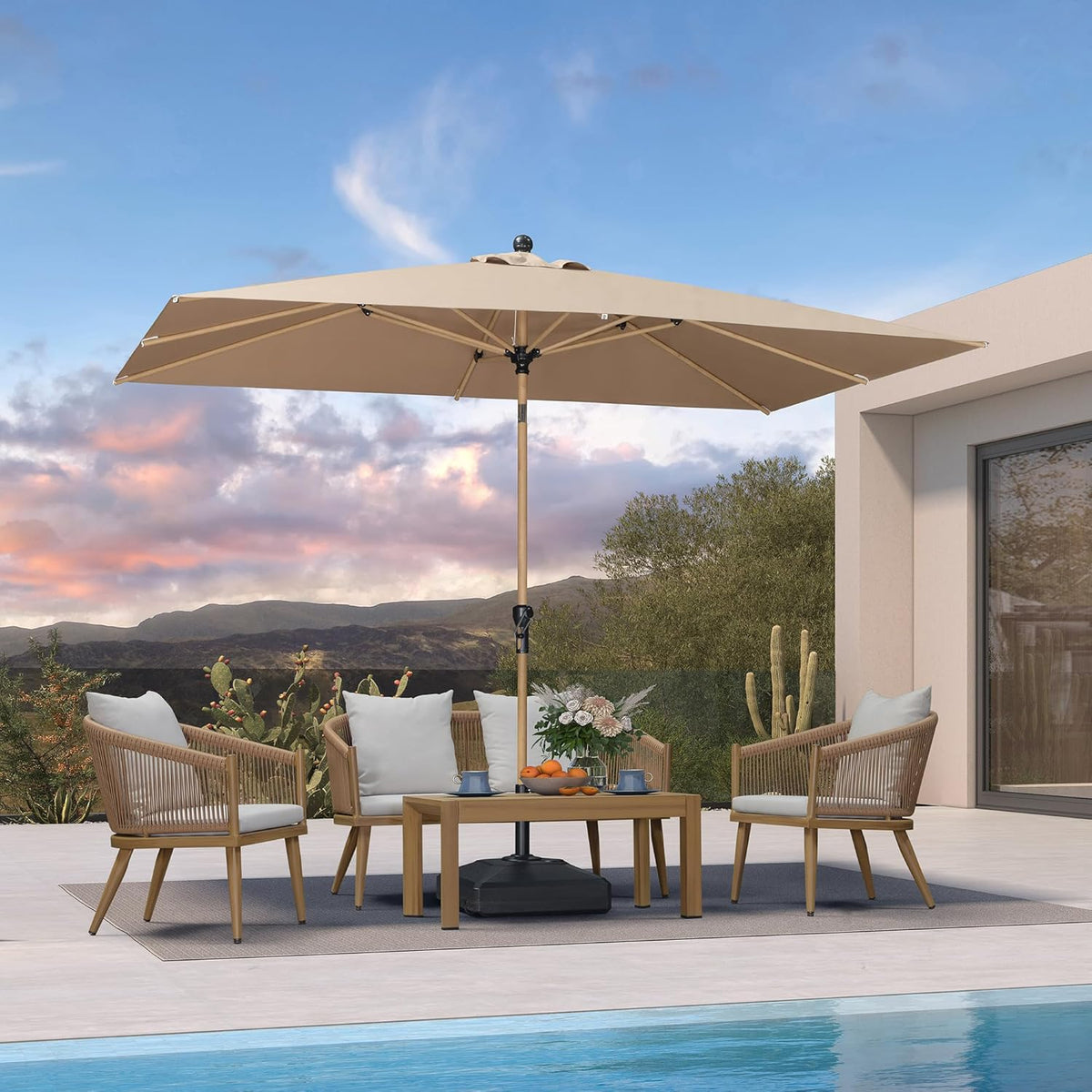 PURPLE LEAF 6.5' x 10' Patio Umbrella Outdoor Table Umbrella Aluminum Market Umbrella with Push Button Tilt & 8 Sturdy Ribs and Crank Rectangular Sun Umbrella for Pool Backyard Beach, Taupe