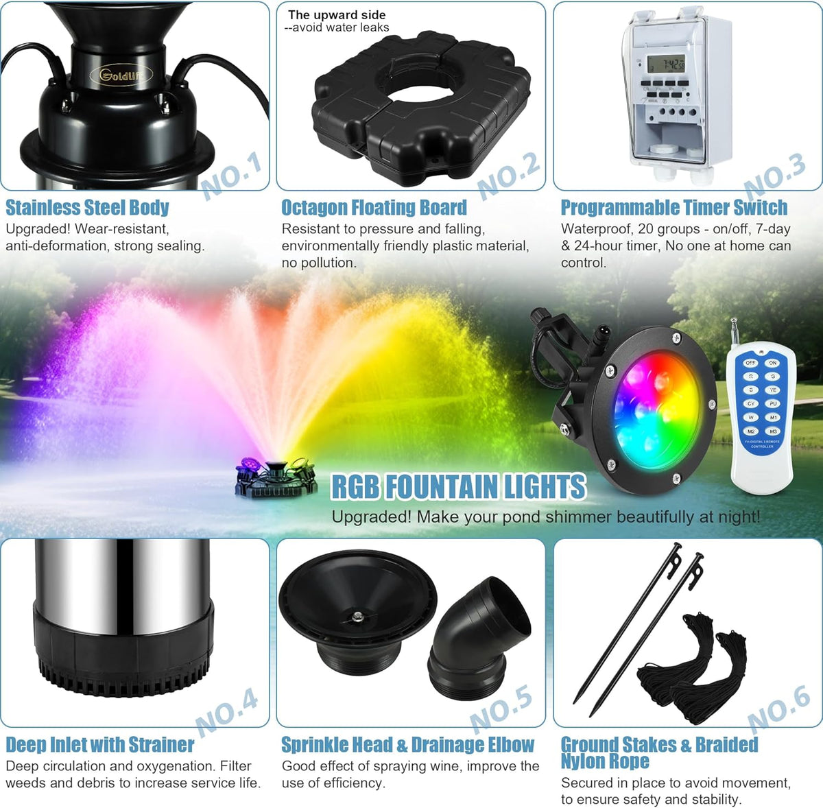 Goldlife Pond Fountain Aerator, F3 With 4 RGB Lights, 1HP 750W 110V Stainless Steel Floating Fountain With 100FT Power Cord, Octagon Aerating Fountain Pump for Small Large Pond Lake Pool Bay Fish farm