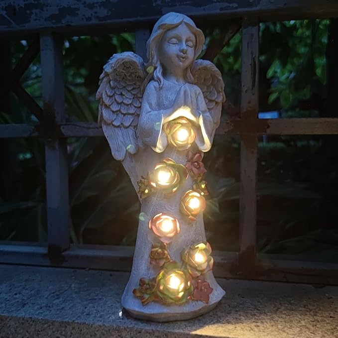 Angel Solar Garden Outdoor Statues with Succulent Plants and 6 LED Lights– Outside Solar Garden Decor Figurines -Remembrance & Sympathy Gifts Decorations