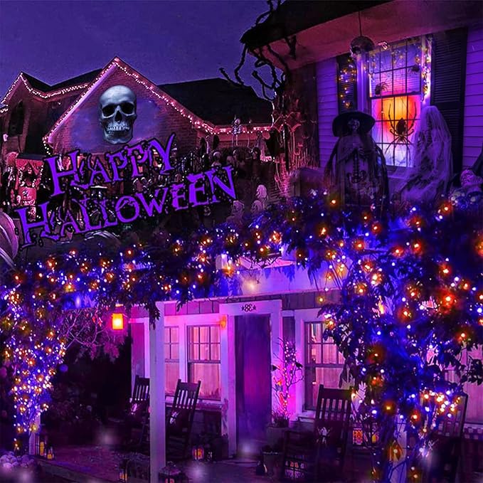 2 Pack 400 LED Solar String Lights, 8 Modes Solar String Lights for Outside, Waterproof and Solar Powered Outdoor String Lights for Holiday Christmas Yard Garden Tree Wedding Party (Orange Purple)