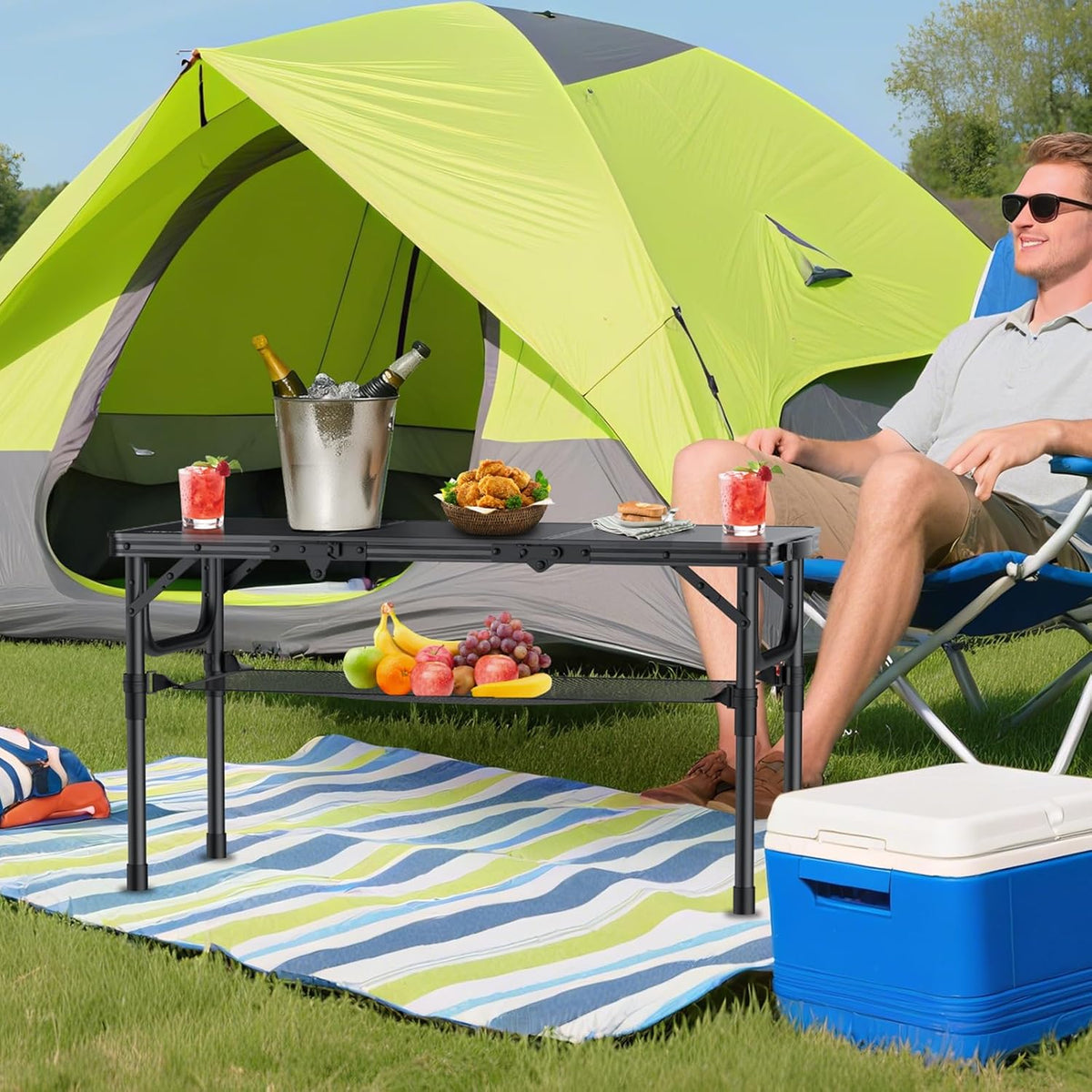 Folding Camping Table with Storage Net, 3ft Camping Table Aluminum Folding Table with 3 Adjustable Height Max 27.5 Inch Picnic Table Portable Table for Outdoor Backyard BBQ, Pure Black