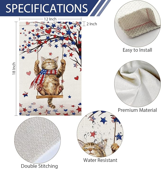 Heyfibro 4th Of July Patriotic Cute Cat Garden Flag 12x18 Double Sided Burlap, Heart Star Tree Pattern USA Flags Retro Yard Banner for Rustic Independence Day Outdoor Decor (ONLY FLAG)