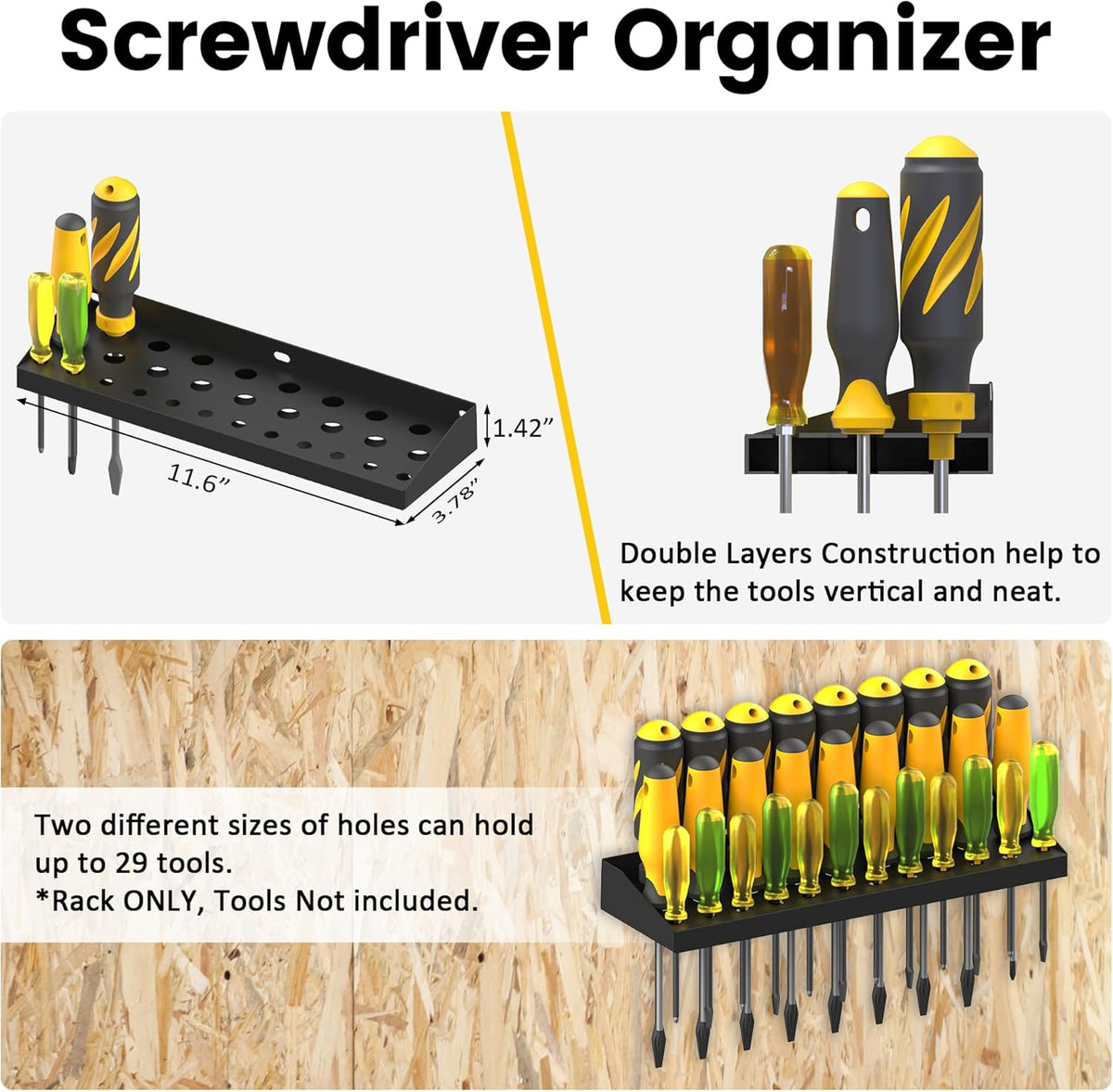 UNITEDPOWER Wall Mount Hand Tool Storage Set, Screwdriver Organizer, Pliers Holder, Hammer Rack, Metal Hardware Tray for Garage Workshop Workbench - 4 Pack
