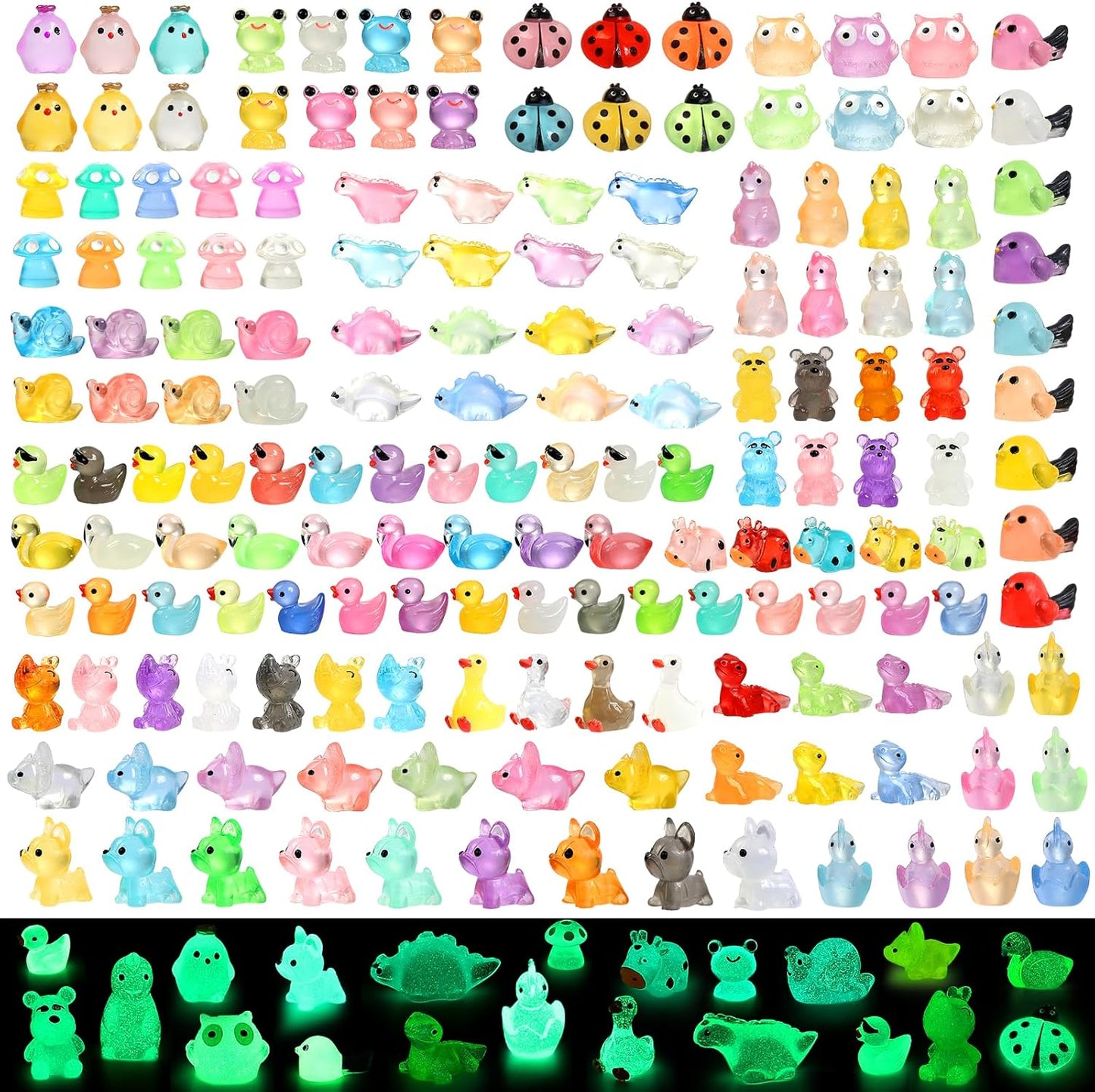 168 Pcs Mini Resin Animals Tiny Resin Animals Mini Ducks Miniature Little Small Figurines Glow in The Dark for Dollhouse Fairy Garden Accessories DIY Hide Crafts Potted Plant Aquarium Decor