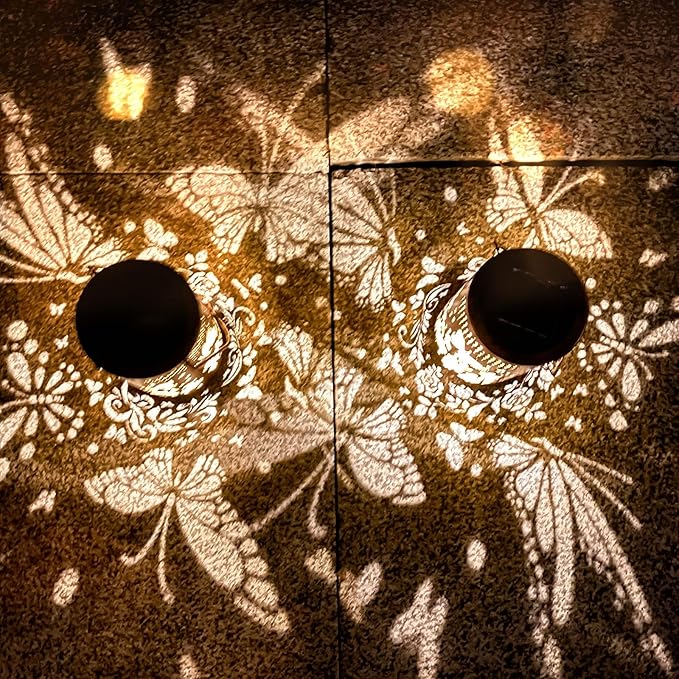 2 Pack Butterfly Solar Lanterns Outdoor Hanging Lantern Lights, Butterfly Hollowed-Out Metal Decor Lantern, Waterproof LED Decorative Garden Light - Delicate Garden Decoration