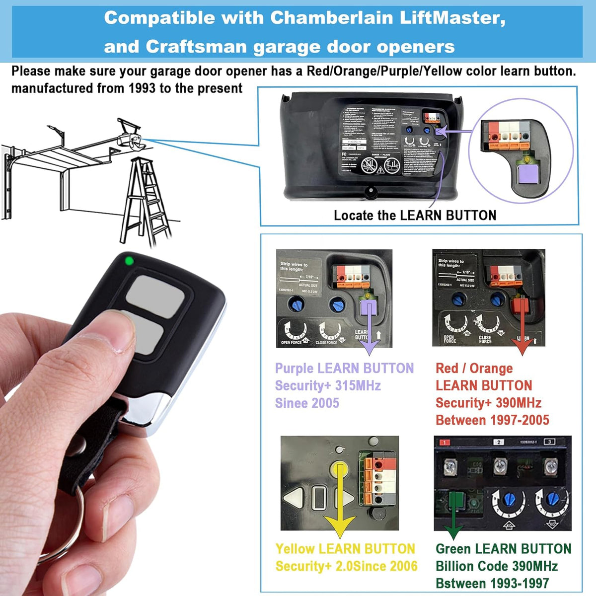 Garage Door Opener Keypad with 2 Garage Door Opener Remote for Liftmaster Chamberlain Craftsman Garage Door Opener Remote Keypad 877MAX 893LM 893Max 971LM 371LM, Purple Yellow Red Orange Learn Button