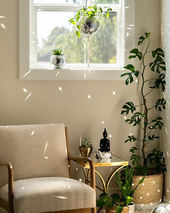 Hanging Disco Ball Planter 8" - with Acrylic Stand and Macrame Plant Hanger - Home Décor, Room Décor, Mirror Disco Planter, Disco Decor (6" with White Hanger, Flat Base)