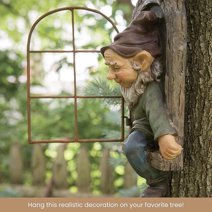 Bits and Pieces - 12-inch Elf Out The Door Tree Hugger - Yard Decorations - Whimsical Tree Sculpture - Garden Decoration - Garden Peeker Yard Art