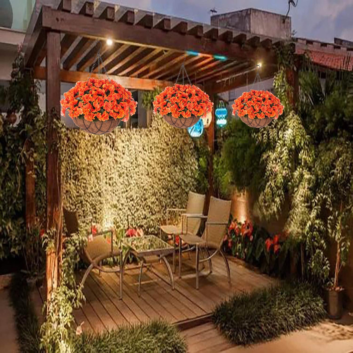 Fall Artificial Flowers with Hanging Basket for Outdoor Indoor, 4 Branches Fake Hydrangea Flowers in Coconut Lining Hanging Basket Home Courtyard Spring Summer Decor(Orange)
