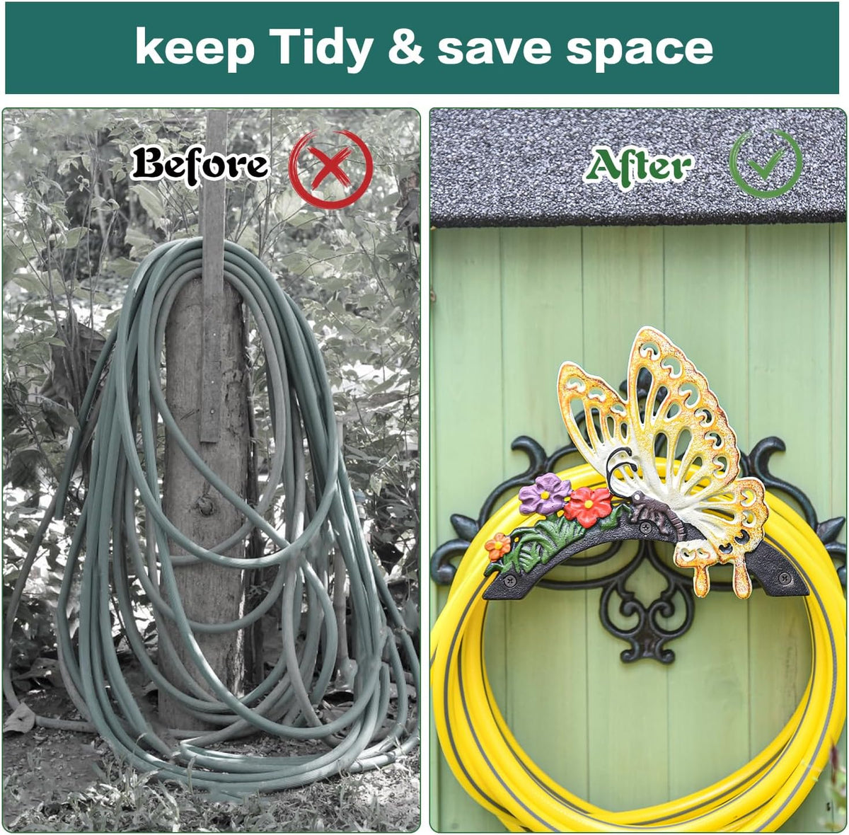 Sungmor Cast Iron Garden Hose Holder, Heavy Duty Wall Mounted Hose Hanger, Decorative Butterfly Water pipe Organizer, Hose Reel Rack for Outside, Garden Yard Decor