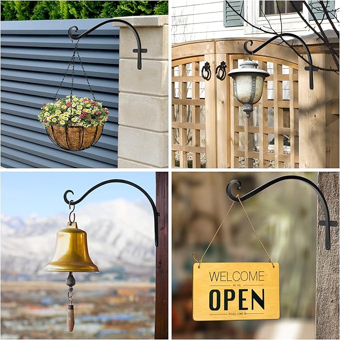 HOOPLE Plant Hangers Outdoor Heavy Duty 4 Pack, Cast Iron Bird Feeder Hanger, Metal Black Plant Brackets Hook for Hanging Flower Baskets, Elegant Design, Large Bearing Capacity