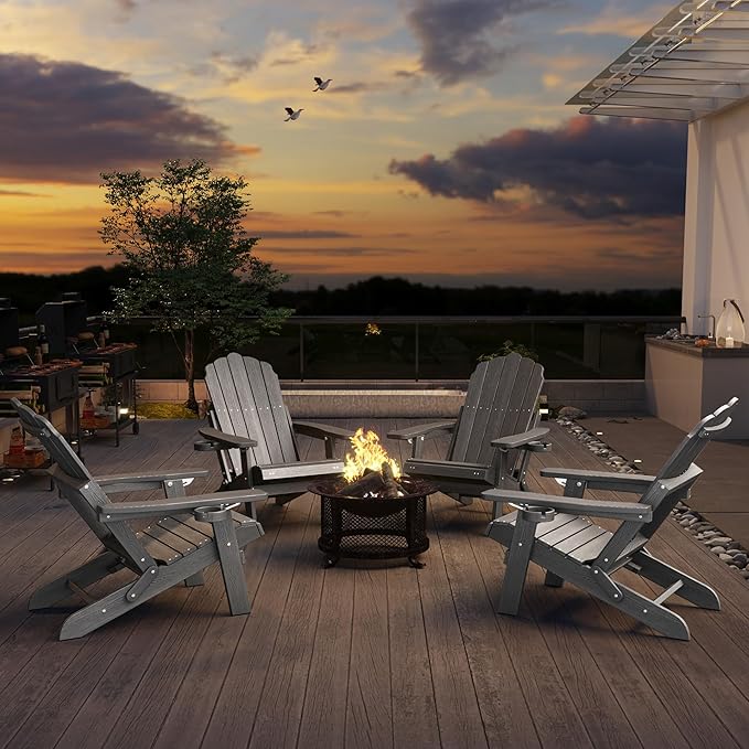 Adjustable Backrest Folding Adirondack Chair with Ottoman & 2 Cup Holders, HIPS Weather Resistant Adirondack Chair, Outdoor Fire Pit Chair for Beach, Pool, Deck, Porch, Yard, Lawn, Grey