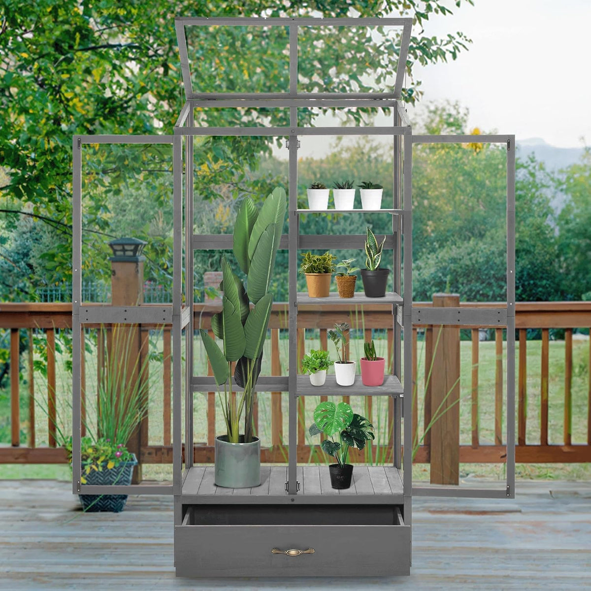 Macrout Cold Frame Greenhouse, Tall Wooden Greenhouse for Outdoor Indoor Use with Polycarbonate Panels, 3 Tier Garden Cold Frame with Drawer and Shelves, 0864 (Dark Grey)