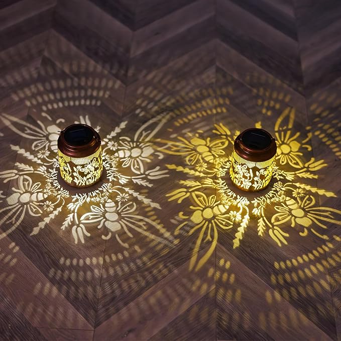 2 Pack Bee Solar Lanterns Outdoor Waterproof Hanging Solar Lights LED 6.9" Metal Flower Bee Decorative Lantern for Patio,Yard,Porch,Table,Garden Birthday Gifts for Women Mom Grandma