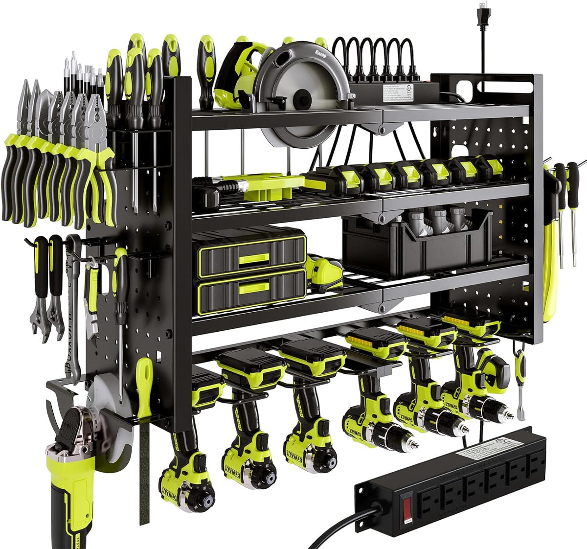 Power Tool Organizer Wall Mount with Charging Station 4 Layer 6 Slot Cordless Drill Holder with Angle Grinder Holder (Black)