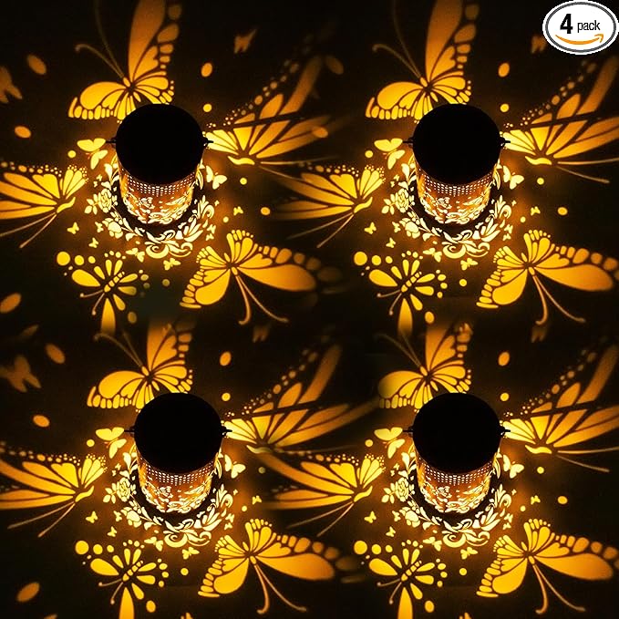 4 Packs Solar Lanterns Outdoor Hanging Lantern Lights, 4 Butterflies Hollowed-Out Metal Decor Lantern, Waterproof LED Decorative Garden Light Gifts