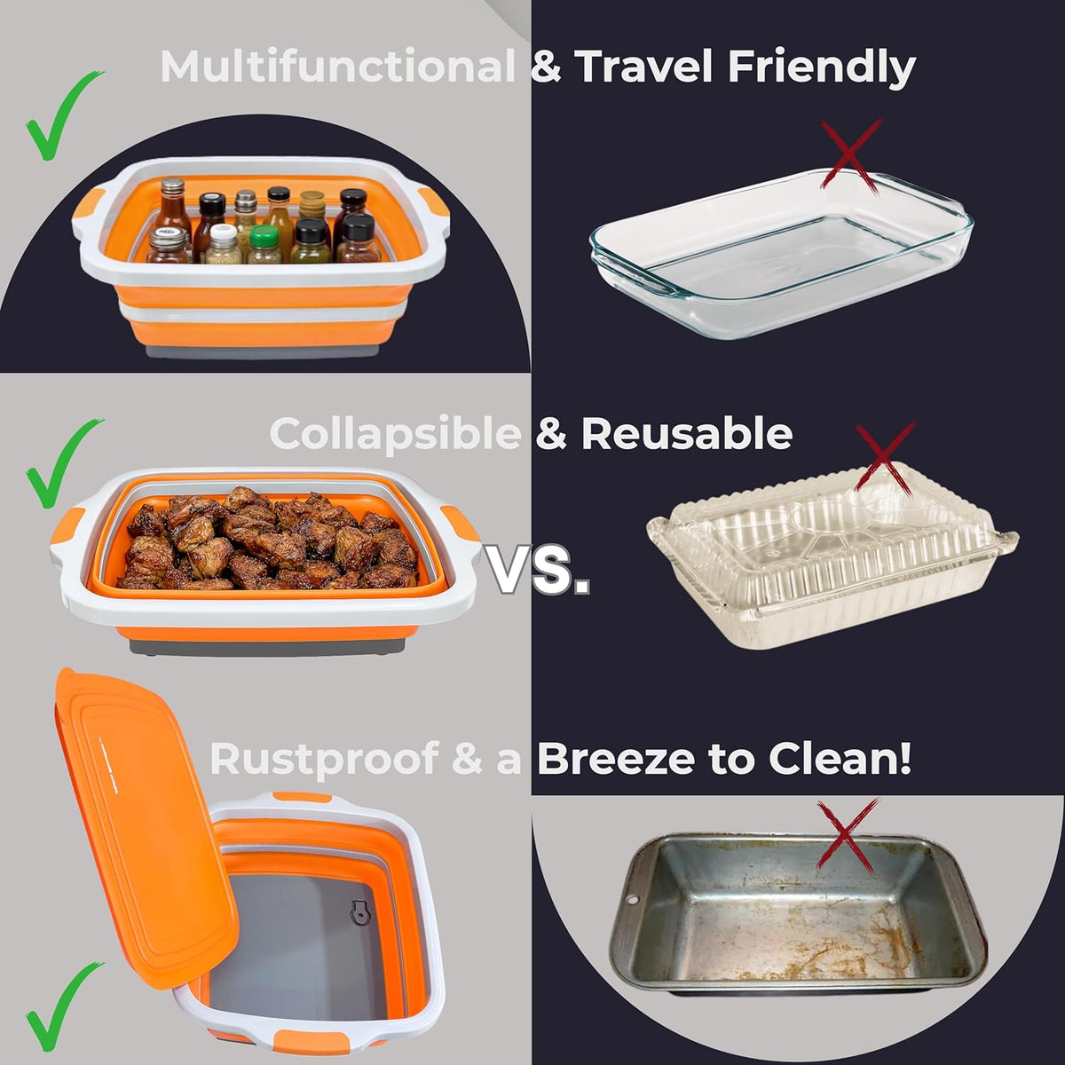 Collapsible X-Large (16L) BBQ Marinating Tub w/Cutting Board | Multipurpose Food-Grade TPE Prep Tub w/Lid | Built-in Colander & Drain Plug - for Camping | Tailgate | Picnic - Bold Orange