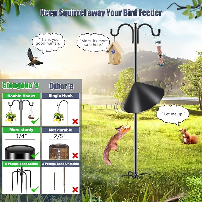 Gtongoko Bird Feeder Pole Squirrel Proof, 108 Inch Double Shepherds Hook for Outdoor with Squirrel Baffles Adjustable Heavy Duty with 5 Prongs Base for Hanging Plants, Bird Feeders, Black