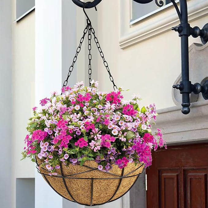 Hanging Planters for Outdoor Plants: 2 Pack 16" Hanging Baskets Flower Pots with Coco Liners & Plastic Saucer Large Deep Hanging Plant Holder for Porch Balcony Garden Décor