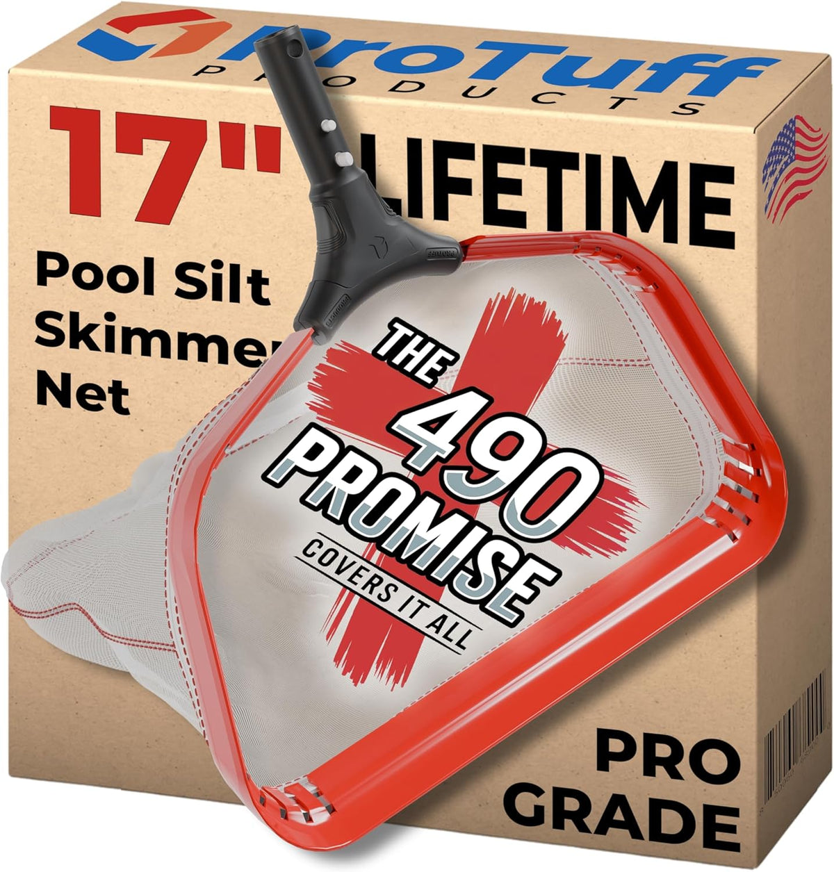 ProTuff 17" Silt Net Pool Skimmer for PROS – “490 Promise” Unlimited Unconditional Replacement – Ultra-Durable Ultra Fine Net for Silt – Heavy-Duty Aluminum Frame, EZ-Clip & Deep Bag for Cleaning