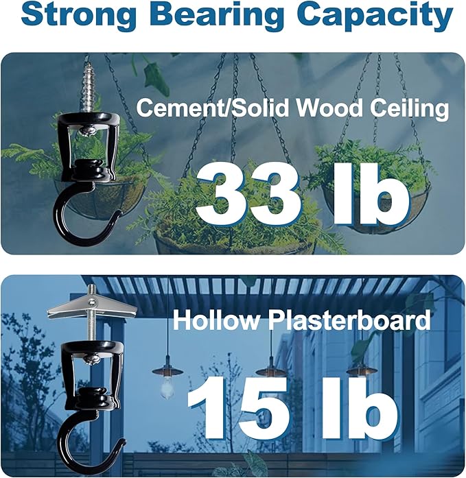Ceiling Hooks for Hanging Plants (2 PCS Black),Heavy Duty Metal Plant Hooks, Screw in Hooks for Hanging Birdfeeders, Lamps, Planters, Outdoor Decorative Hooks up to 33 lbs