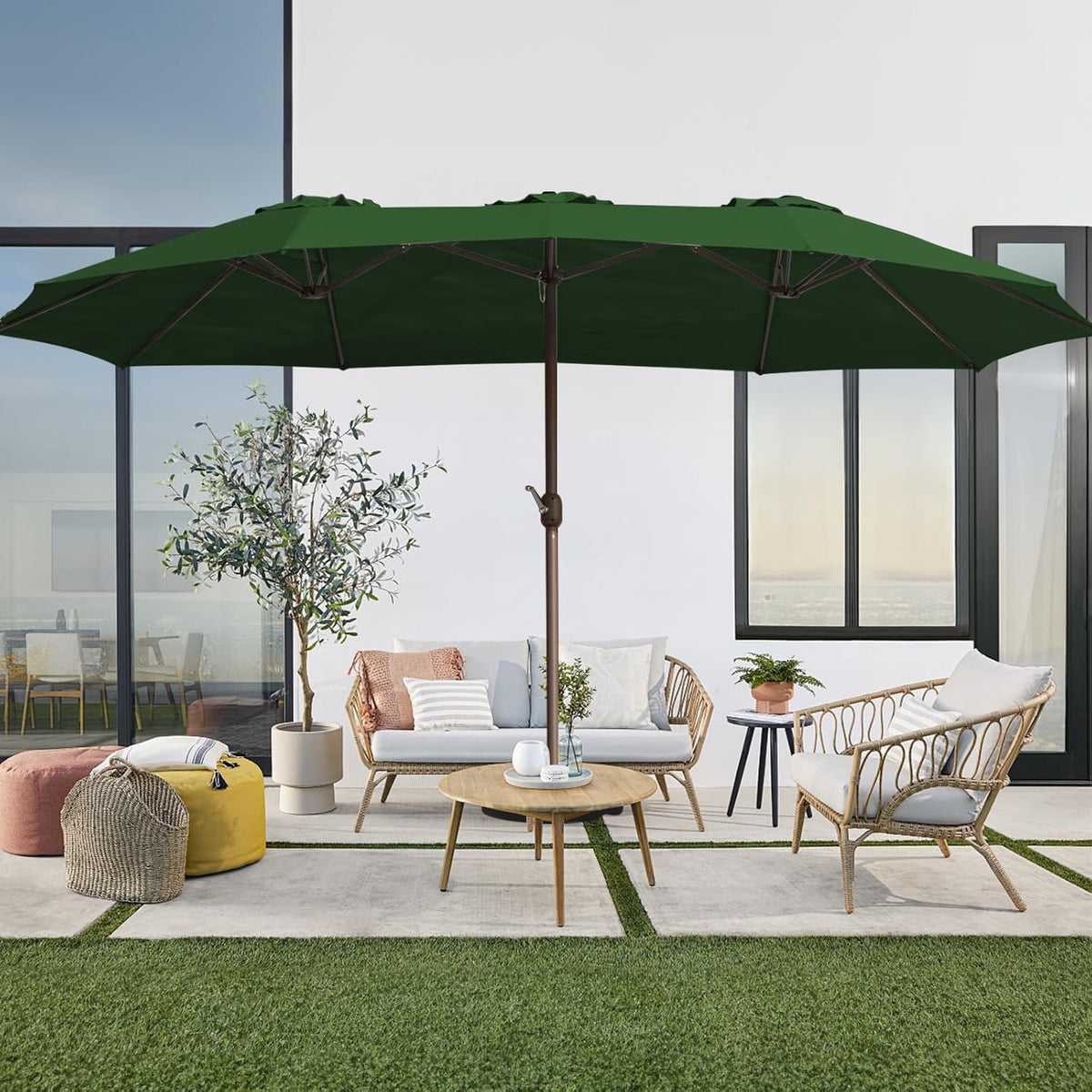 JEAREY 15FT Patio Umbrella Large Outdoor Umbrella Extra Double-Sided Market Umbrella with Crank Handle for Garden, Deck, Backyard and Pool, Dark Green