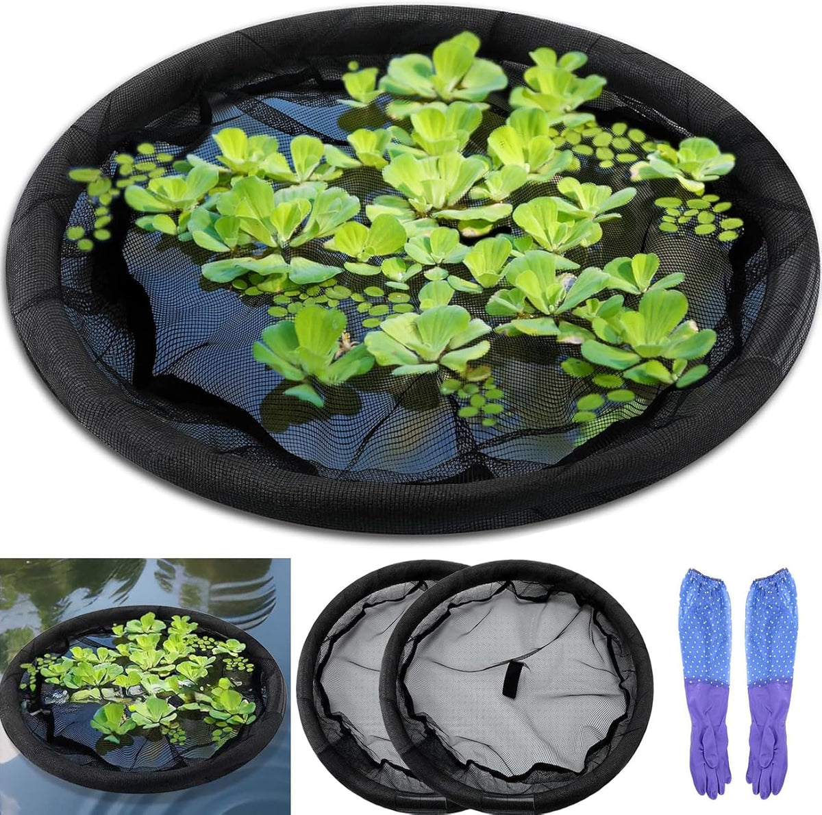 2Pack Round Floating Flora Fish Barrier-31.5Inch Black Pond Plant Protector, Floating Island/Planter Pond,UV Resistant Net to Shield Floating Plant(Lotus/Water Lilies)from Koi, with Waterproof Gloves