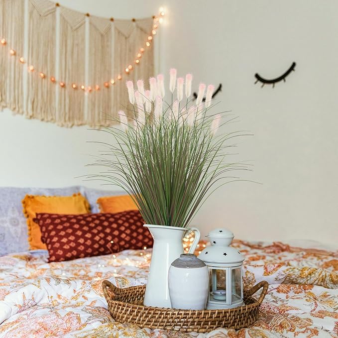 Artificial Grasses Plants Oudoor 24 Bunches Onion Grass Greenery with Plush Faux Fake Shrubs Plant Onion Wheat Grass for Outside Garden Indoor House Home Office Décor (Light Purple & Pink Plush